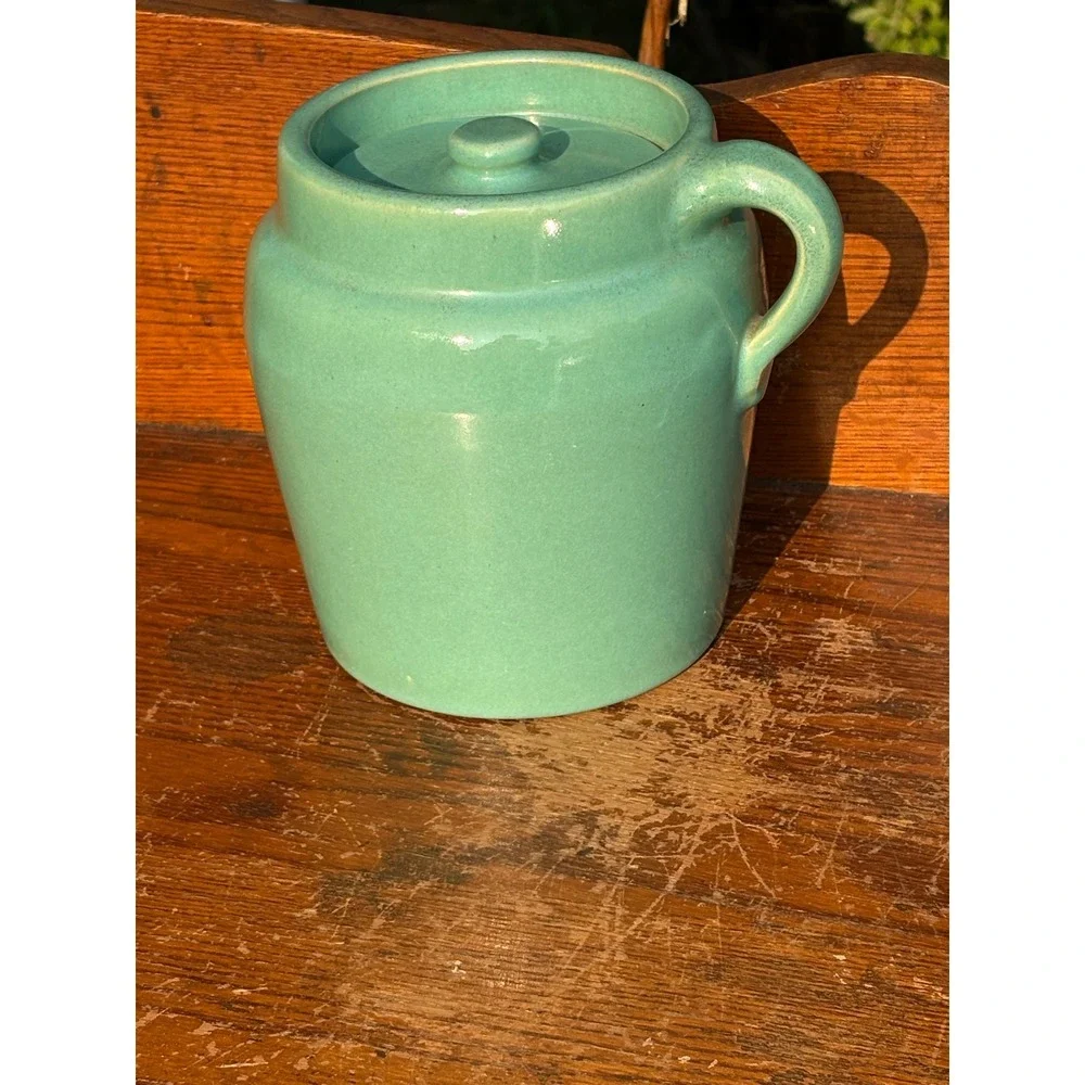 Vintage Turquoise Ceramic Bean Pot Lidded Cookie Jar Handled Stoneware Green